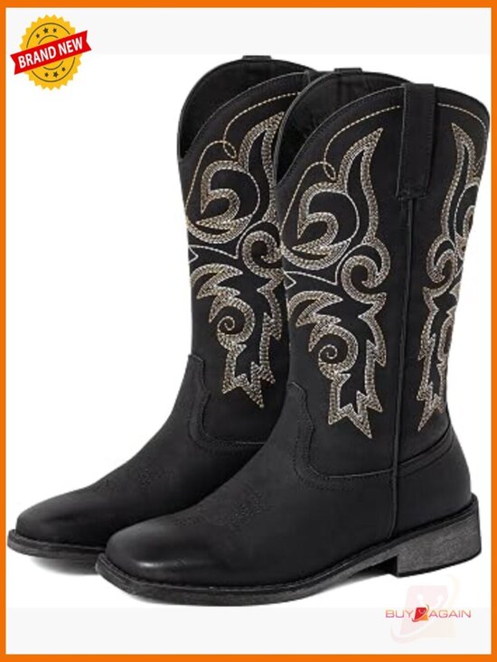 Shoes - Wide Calf Cowboy Boots - Square Toe Embroidery, Pull On, Padded Insole, Low Heel